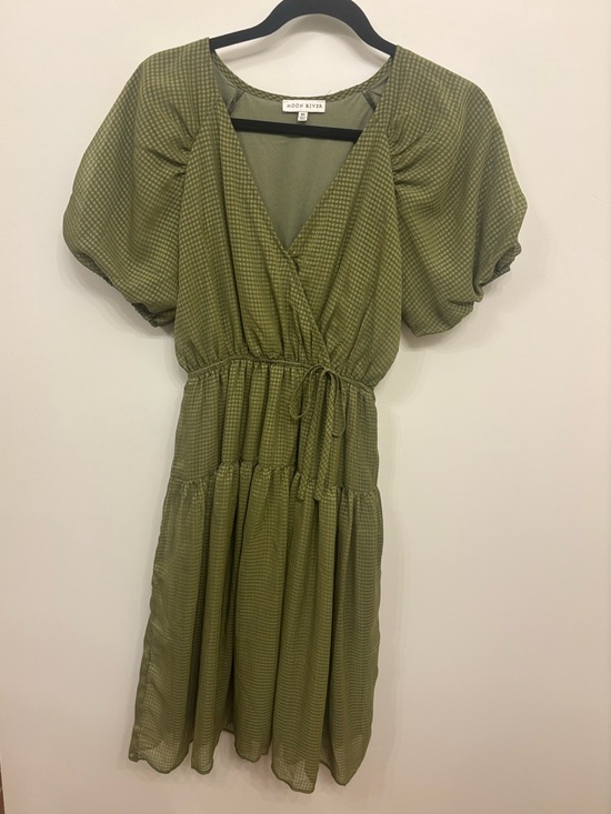 Moon River Dresses & Skirts - Moon River Olive Green Wrap-Style Midi Dress with Puff Sleeves modest summer